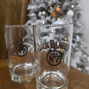 VTG Jack Daniels Old No 7 Tennessee Whiskey Gold Blck Letter Highball Glass Pair